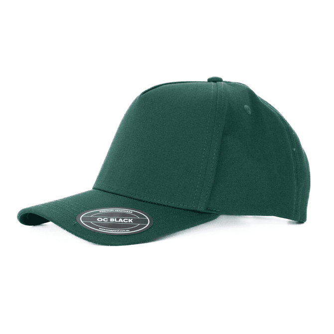 A dark green 5-panel cotton cap with a Velcro closure and a logo on the side.