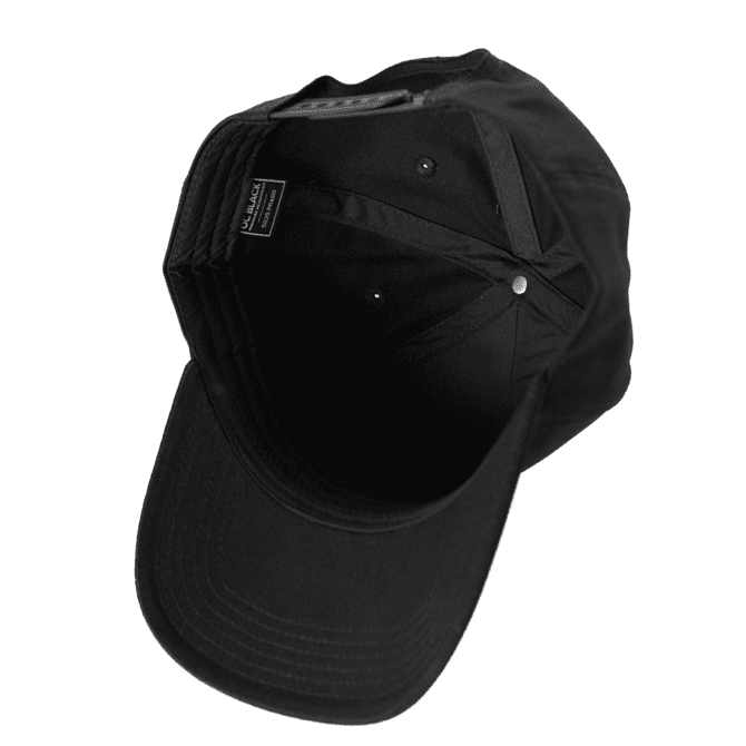 A black Prado 5 Panel Cotton Cap with a curved brim and Velcro closure. The interior lining is visible.