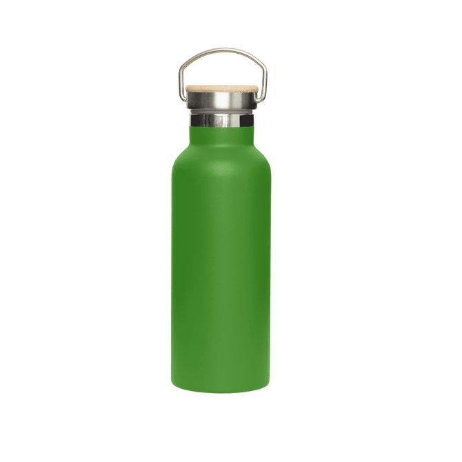 A drink bottle in matte green featuring a stainless steel body and a bamboo lid, with a metal handle.