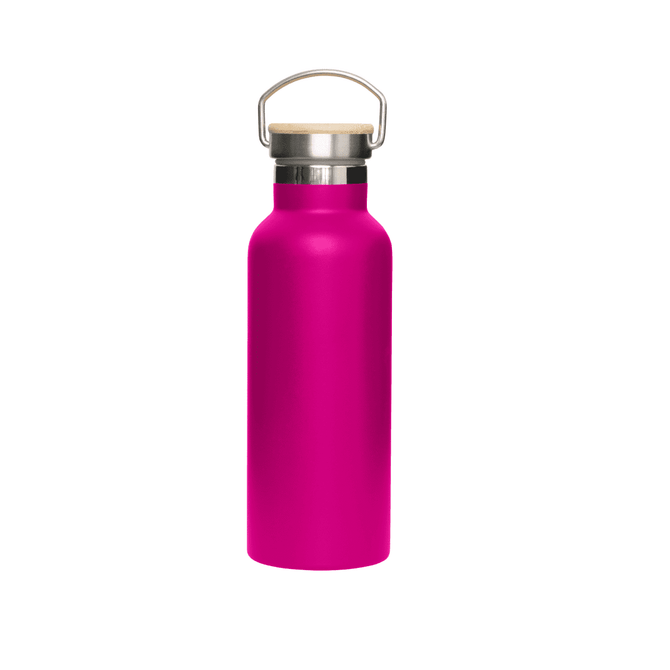 A drink bottle in vibrant pink with a stainless steel body and bamboo lid, featuring a metal handle.
