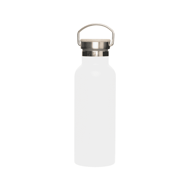 A drink bottle with a sleek white body and a bamboo lid, featuring a metal handle and a logo.