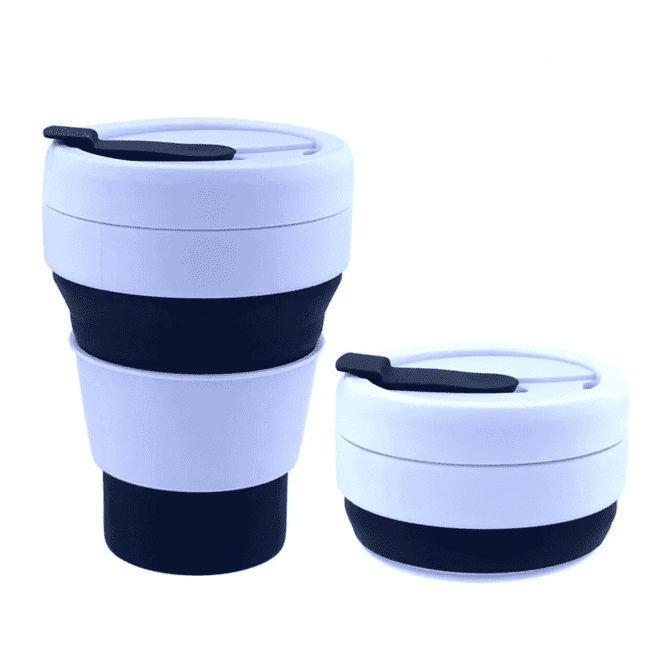 A collapsible silicone cup in white and black, featuring a lid and a logo. Two sizes are stacked together.