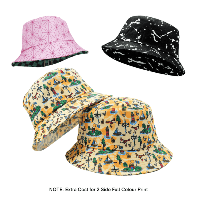 A collection of three bucket hats in various patterns: pink geometric, black abstract, and yellow nautical designs.