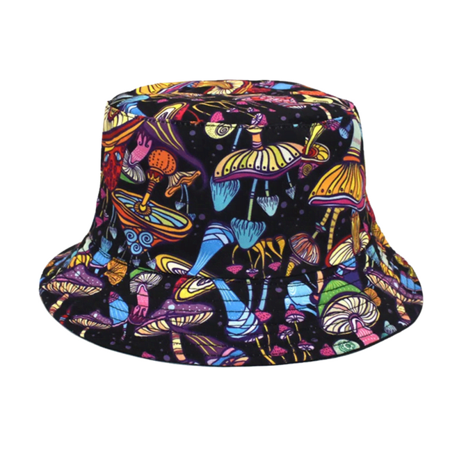 A colourful bucket hat featuring vibrant mushroom patterns on a black background. It has a wide brim and an internal logo.