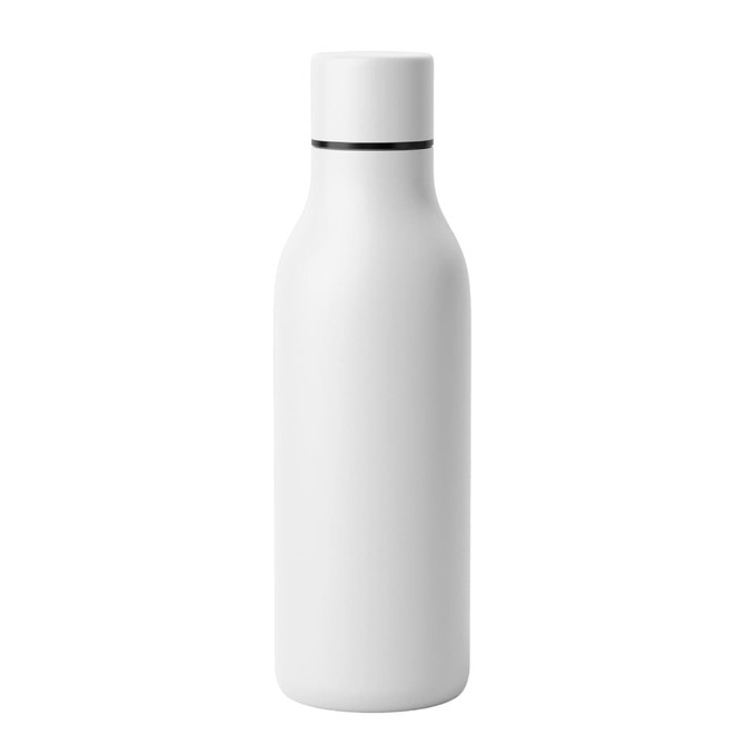 A drink bottle in matte white with a sleek design and a silver accent around the neck. Features a logo.