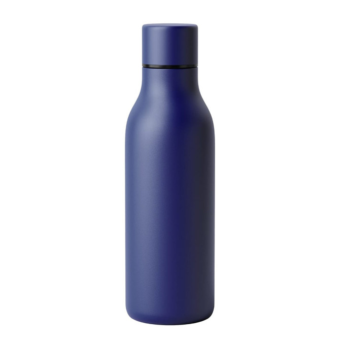 A drink bottle in a deep blue colour, with a sleek, rounded design and a matching cap. Features a logo.