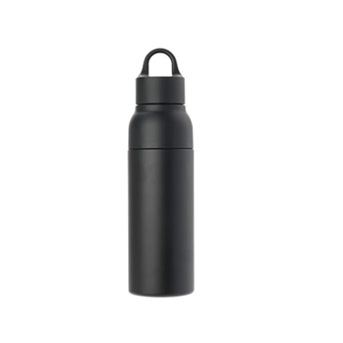 A drink bottle in matte black, featuring a double wall vacuum insulation and a secure cap, with a logo.