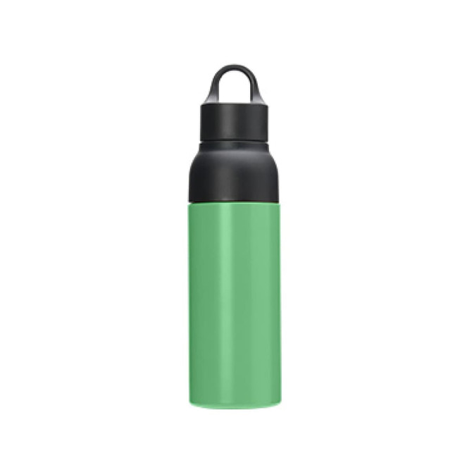 A drink bottle featuring a green body with a black lid, designed for eco-friendly use. It has a logo on it.