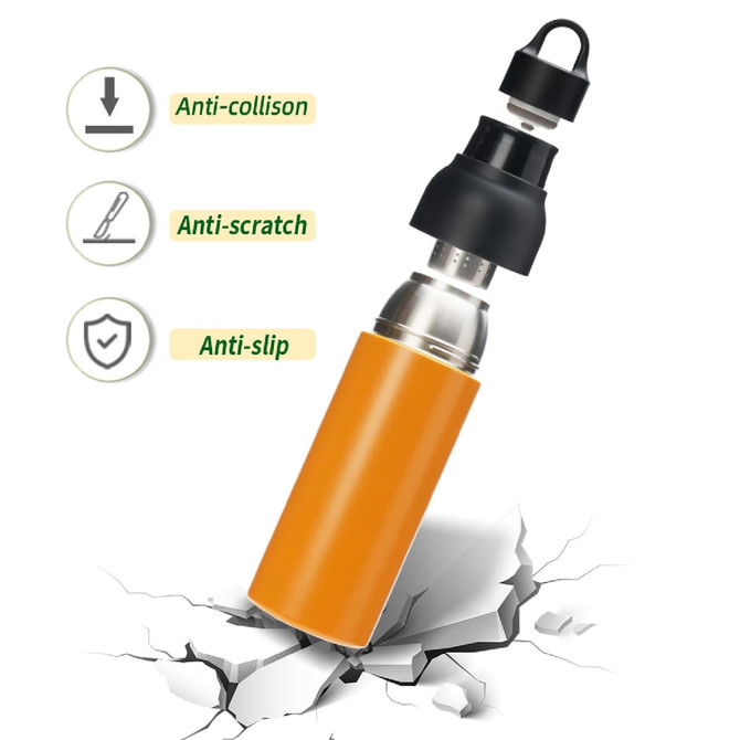 A drink bottle in orange with a silver base, featuring a black top and a logo. It displays anti-collision and anti-slip features.