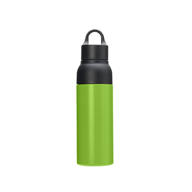 A drink bottle featuring a black lid and a vibrant green body, designed as a double wall vacuum flask.