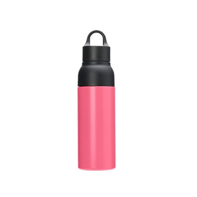 A drink bottle in pink and black, featuring a double wall design and a handle for easy carrying.