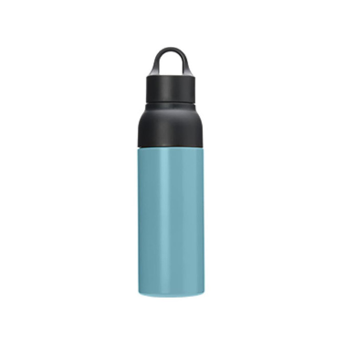 A drink bottle in a light blue colour with a black twist lid and a handle, featuring a logo.