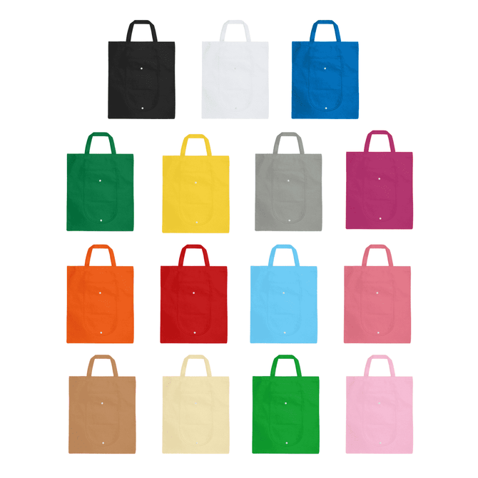 A collection of foldable non-woven shopping bags in various colours, including black, white, yellow, orange, and pink, with handles.