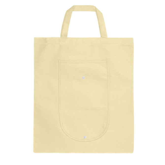 A foldable non-woven shopping bag in light yellow, featuring two handles and a front pocket. It includes a logo.