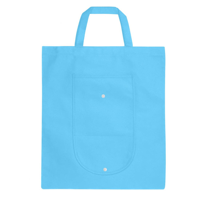 A blue foldable non-woven shopping bag with two handles and a front pocket. It features a logo on the front.