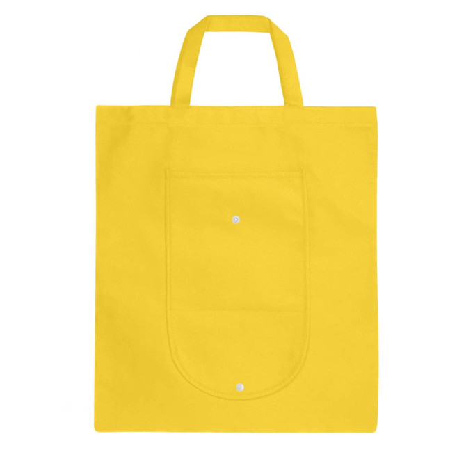 A foldable non-woven shopping bag in bright yellow, featuring a front pocket and dual handles.