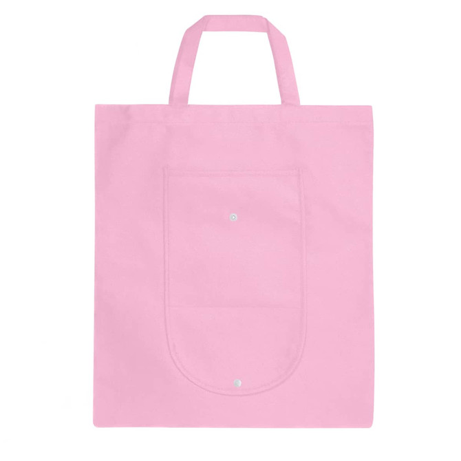 A pink foldable non-woven shopping bag with two handles and a front pocket, featuring a logo.