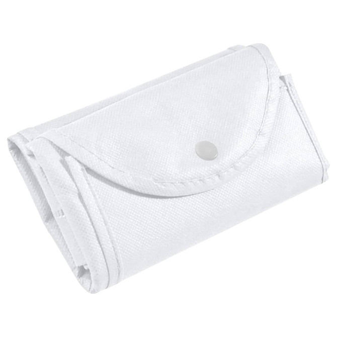 A white foldable non-woven shopping bag, neatly folded and secured with a snap closure, featuring a logo.