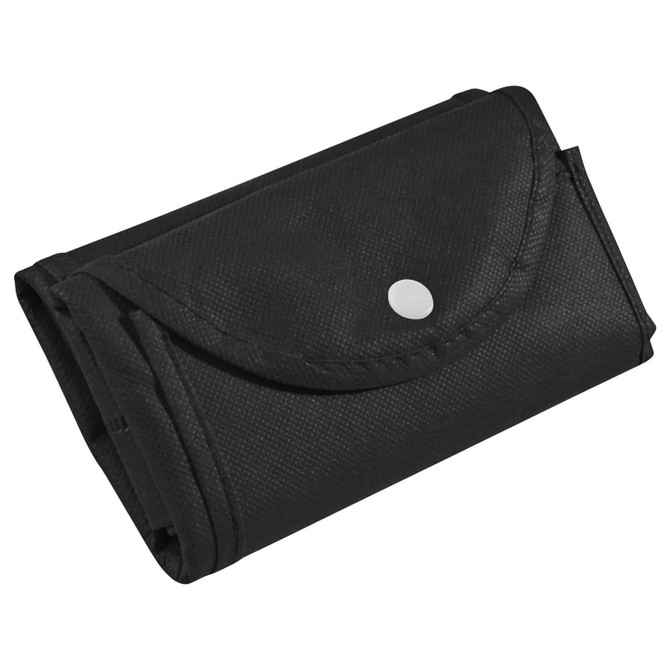 A foldable black non-woven shopping bag with a snap closure, featuring a simple design and a logo.