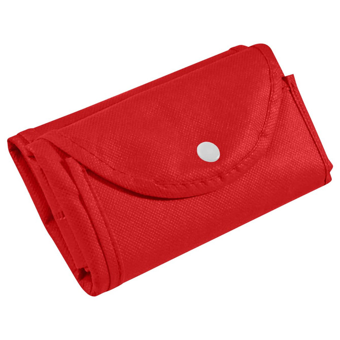 A red foldable non-woven shopping bag, neatly folded and secured with a button. It has a simple logo.