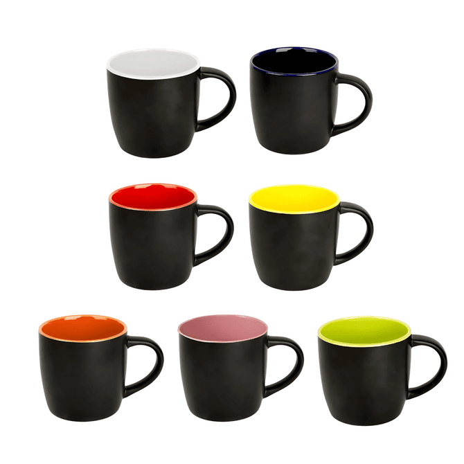 A set of black coffee mugs with coloured interiors in orange, red, yellow, pink, and green; featuring a logo.