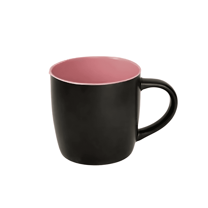 A coffee mug with a black exterior and pink interior, featuring a handle and a smooth finish. It has a logo.