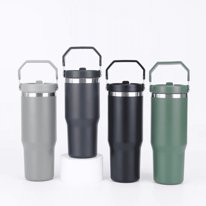 A drink bottle featuring four vacuum tumblers in grey, dark grey, black, and green with metal handles and a logo.