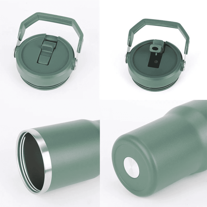 A drink bottle with a dark green exterior, featuring a removable cap and a metal base, and includes a handle.
