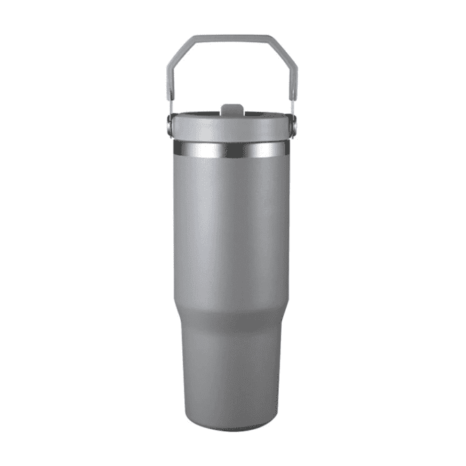 A drink bottle in silver with a handle and a sleek design, featuring a lid and a stainless steel band.
