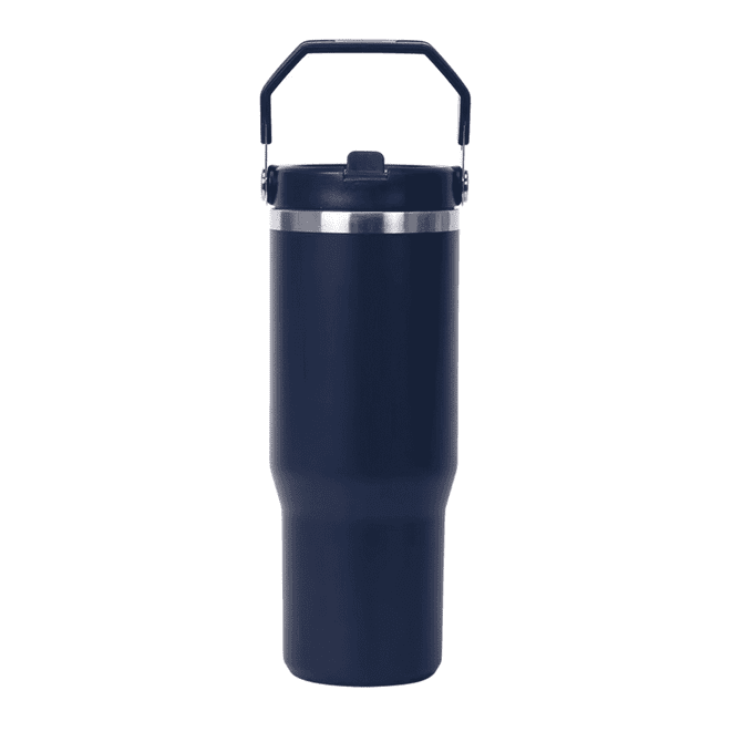 A drink bottle in navy blue with a metal band and a handle at the top; features a branding logo.