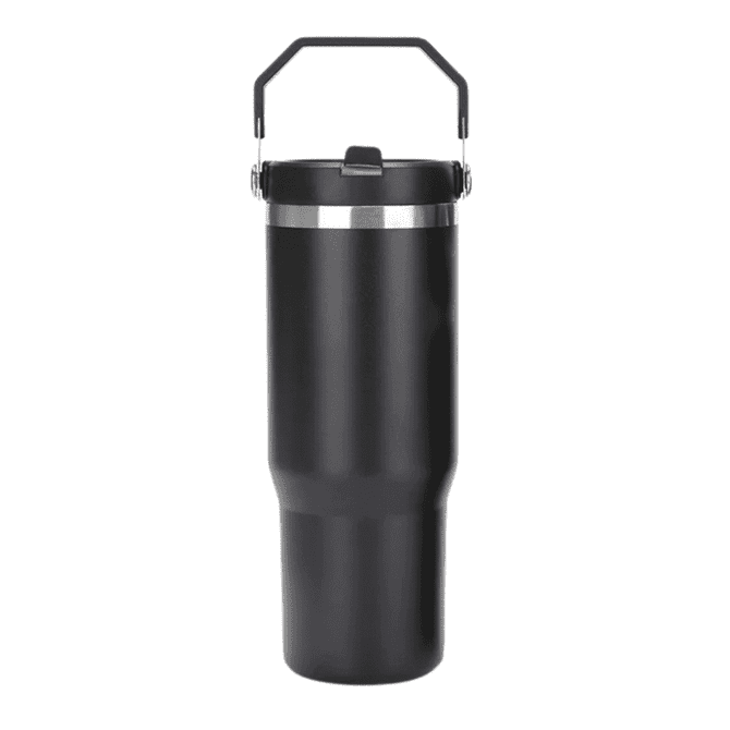 A drink bottle in black with a stainless steel band and a handle. It features a lid for easy access.