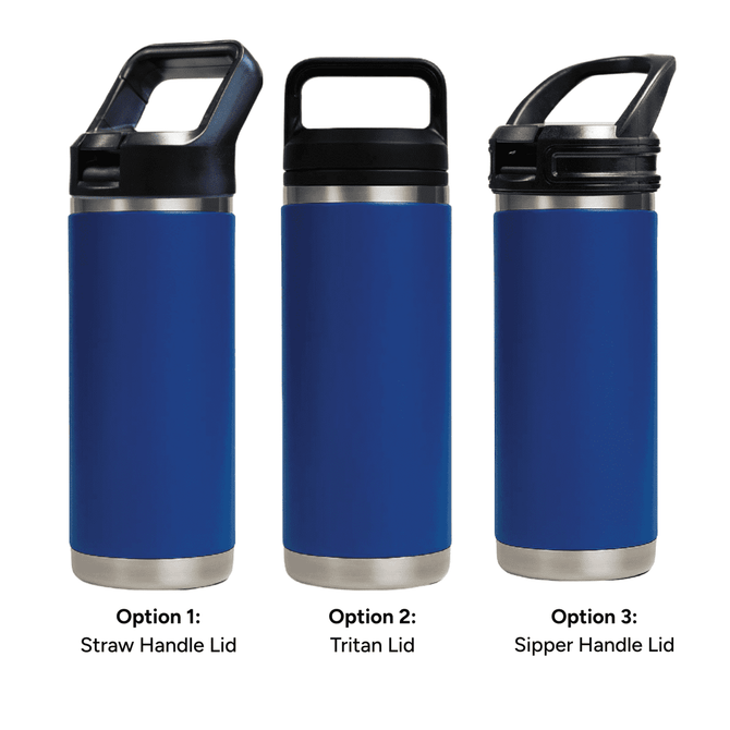 A drink bottle featuring a blue exterior with three lid options: straw handle, Tritan, and sipper handle.