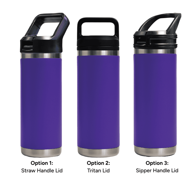 A drink bottle in purple, featuring three different lid options: straw handle, Tritan, and sipper handle.
