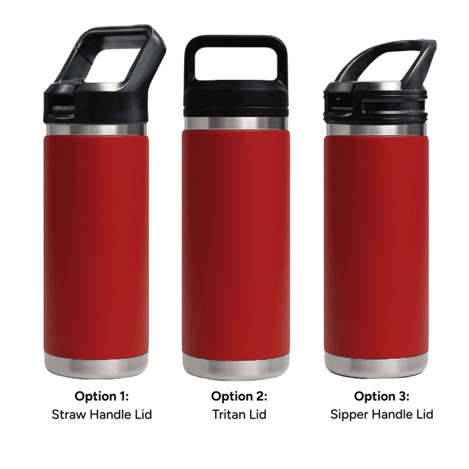 A drink bottle set featuring three red 532ml vacuum options: straw handle lid, Tritan lid, and sipper handle lid.