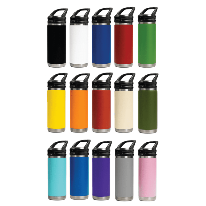 A drink bottle available in multiple colours, featuring a black lid and a sleek stainless steel base.