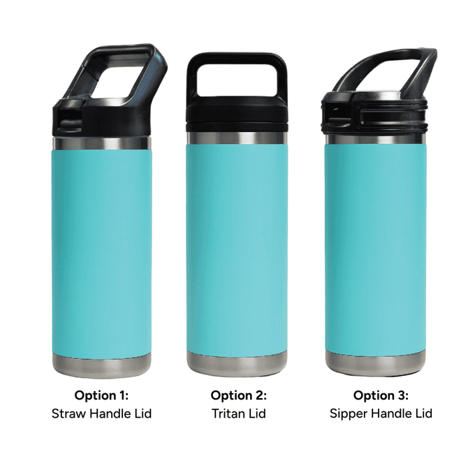 A drink bottle in turquoise with three lid options: Straw Handle, Tritan, and Sipper Handle. Features a stainless steel base.