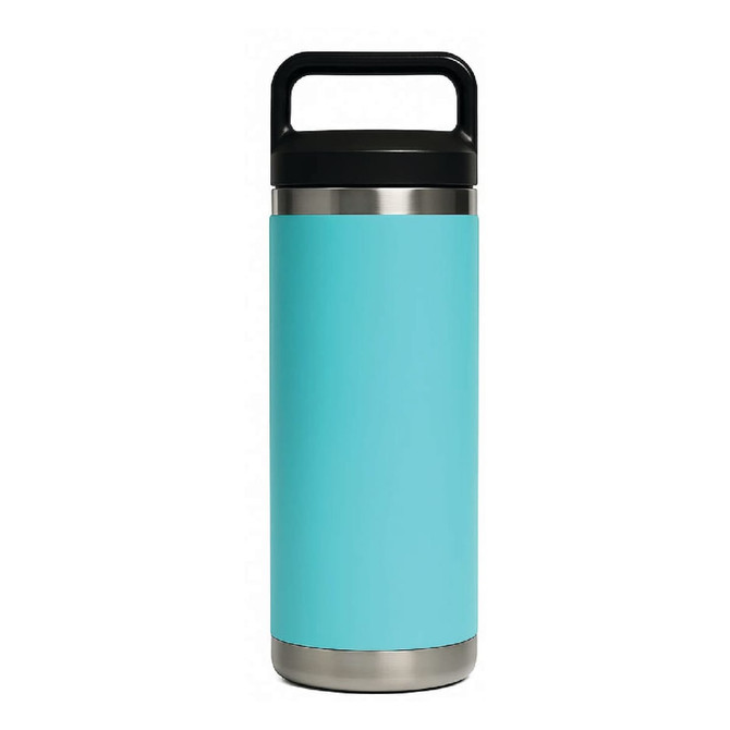 A drink bottle in turquoise with a stainless steel base and a black lid, featuring a handle and a logo.