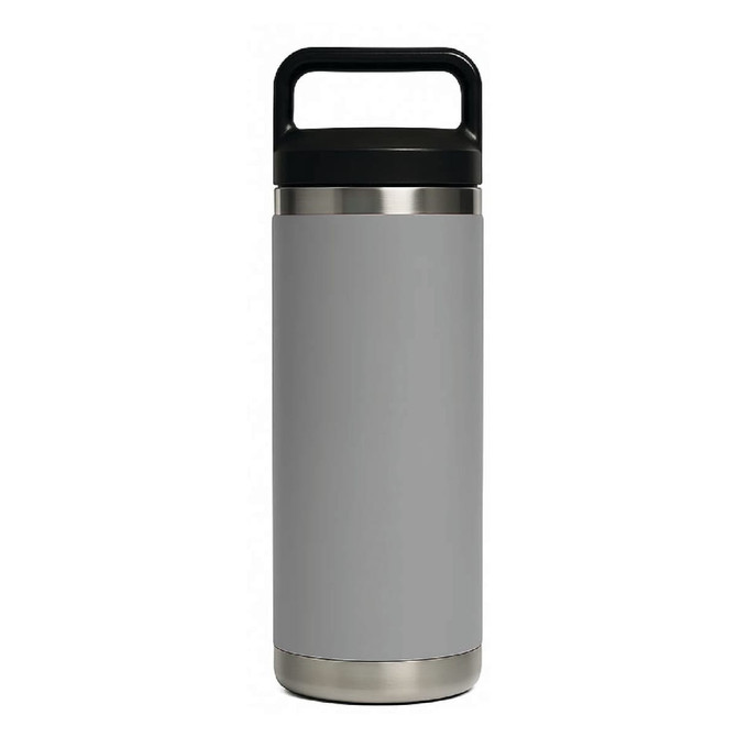 A drink bottle featuring a grey body and a black Tritan lid, with a handle and stainless steel bottom.