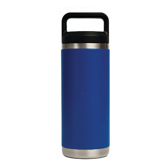 A drink bottle featuring a blue body and a stainless steel base, complete with a black Tritan lid and handle.