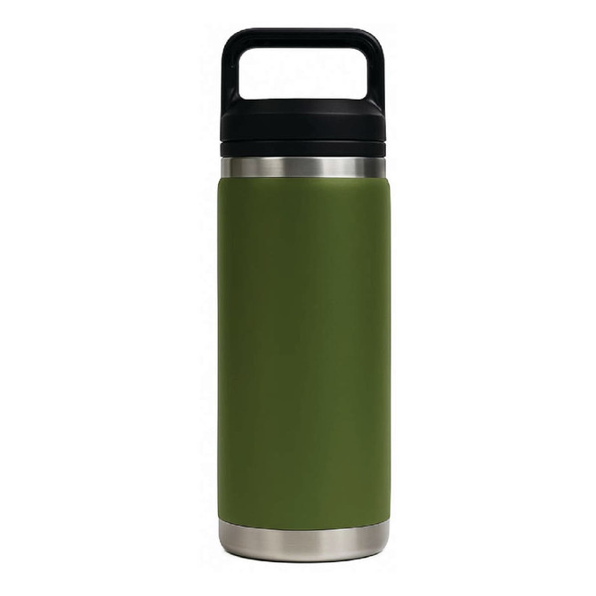 A drink bottle in olive green with a silver base and a black Tritan lid, featuring a handle and a logo.