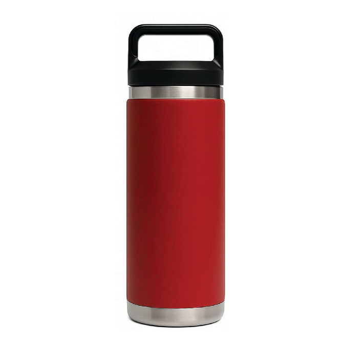 A drink bottle in red with a stainless steel base and a black Tritan lid, featuring a handle and logo.