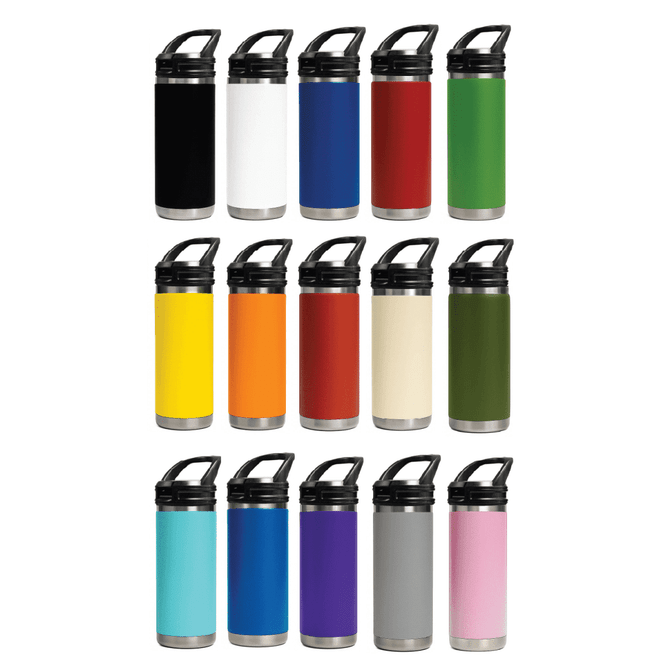 A drink bottle collection featuring various colours including black, white, red, green, yellow, and more, with a sipper handle lid and branding.