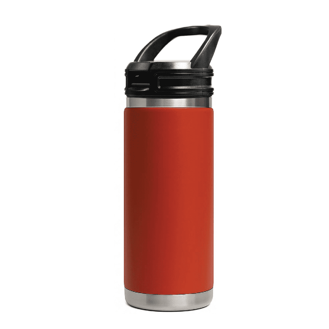 A drink bottle in red with a stainless steel base and a black sipper handle lid. It features a logo.