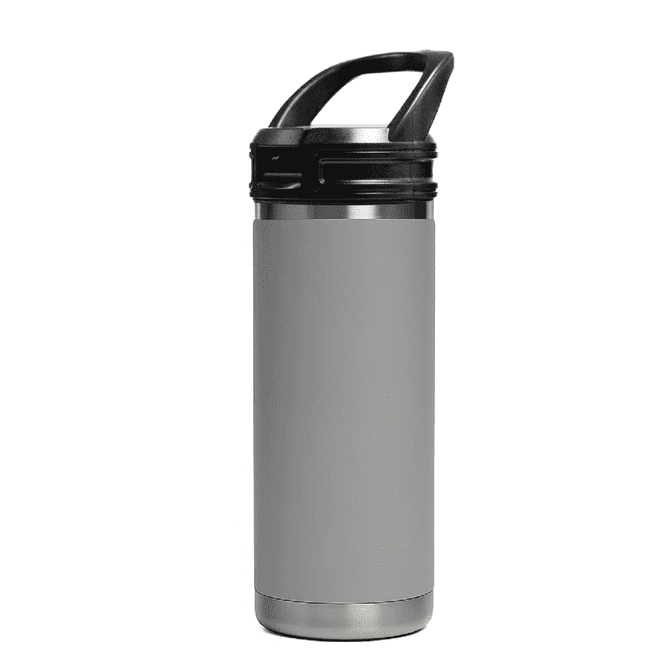 A drink bottle in grey with a black sipper handle lid and a metal base. It features a logo.