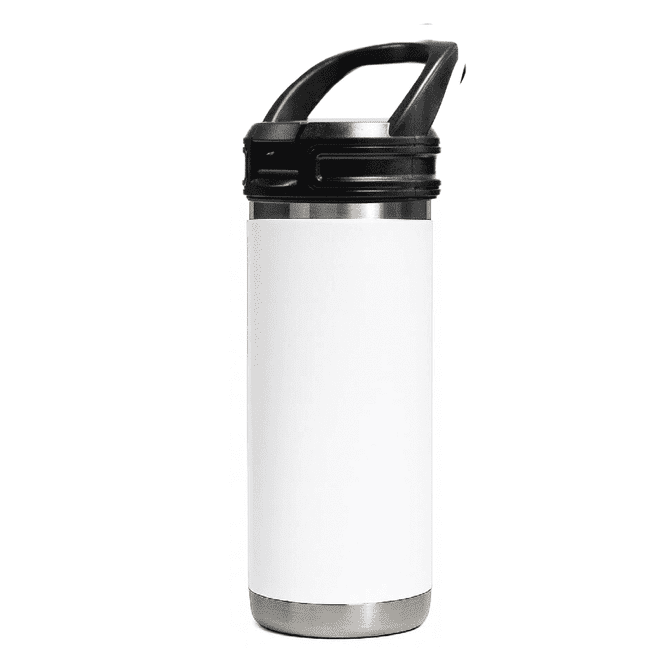 A drink bottle in silver and white with a sipper handle lid and a logo on the side.