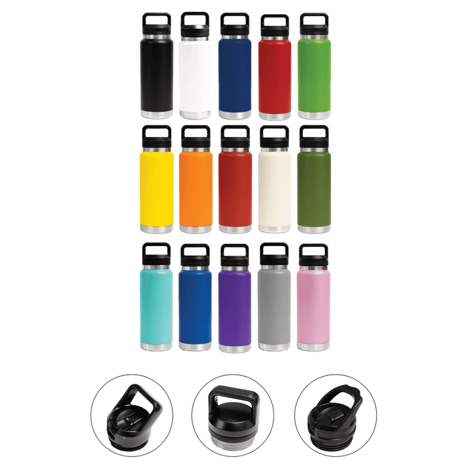 A drink bottle in various colours, featuring different lid options and a silver base. The image includes multiple styles and finishes.