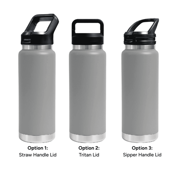 A drink bottle trio in grey, featuring three lid options: straw handle, Tritan, and sipper handle. Each has a logo.