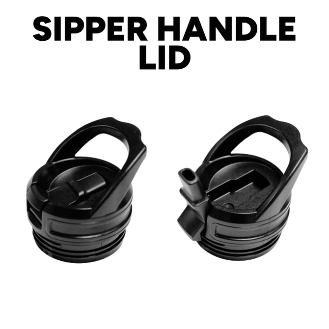 A drink bottle features two black sipper handle lids, showcasing their design and functionality.