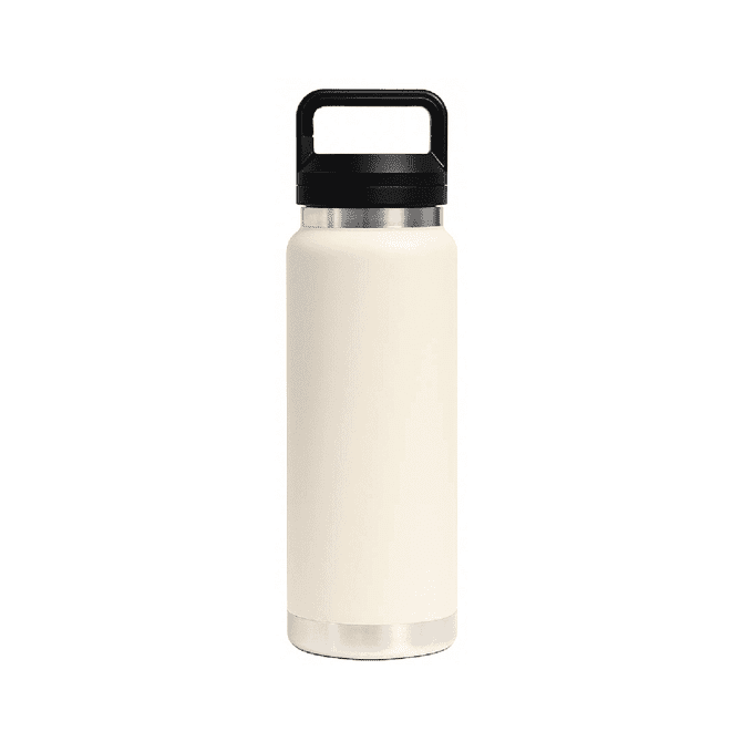A drink bottle in a cream colour with a black lid and a stainless steel base, featuring a logo.