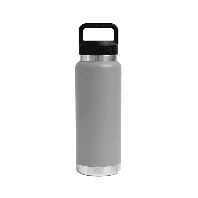 A drink bottle in grey with a black lid and a stainless steel base, featuring a handle and a branding logo.